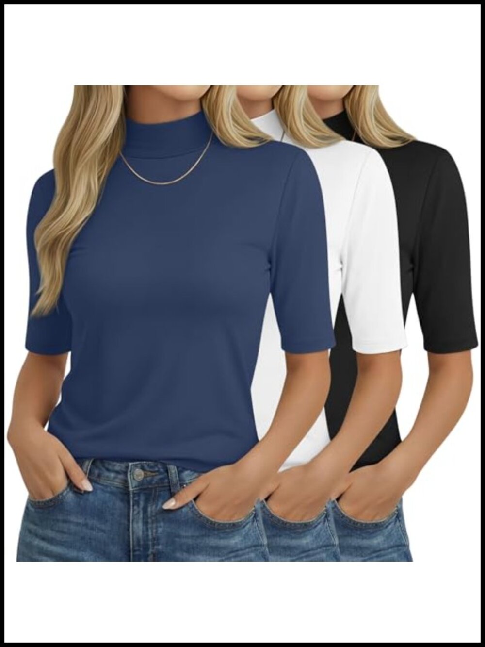 Mock Neck T-Shirts 3 Pack Short Sleeve Women's Stretchable Blend